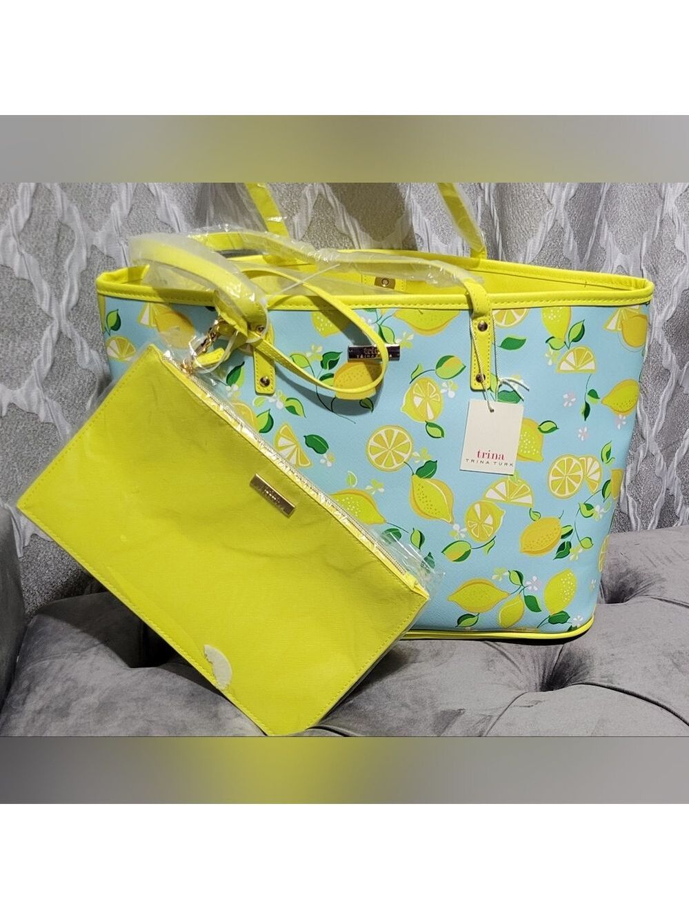 Trina Turk - Lemon Print Tote Bag with Matching Yellow Pouch